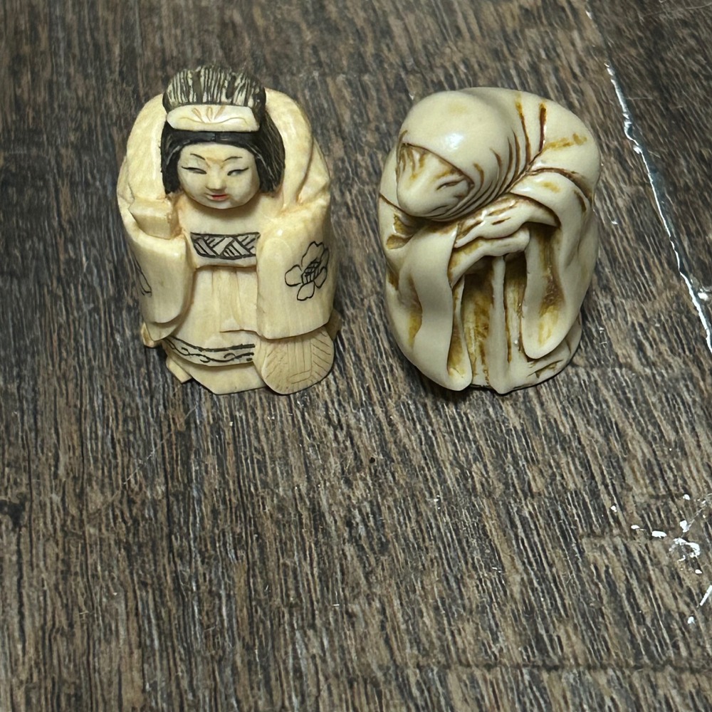 Vintage Mini Gumps Japan Carved Netsuke Style Figurines Set of 2 Monk and Lady